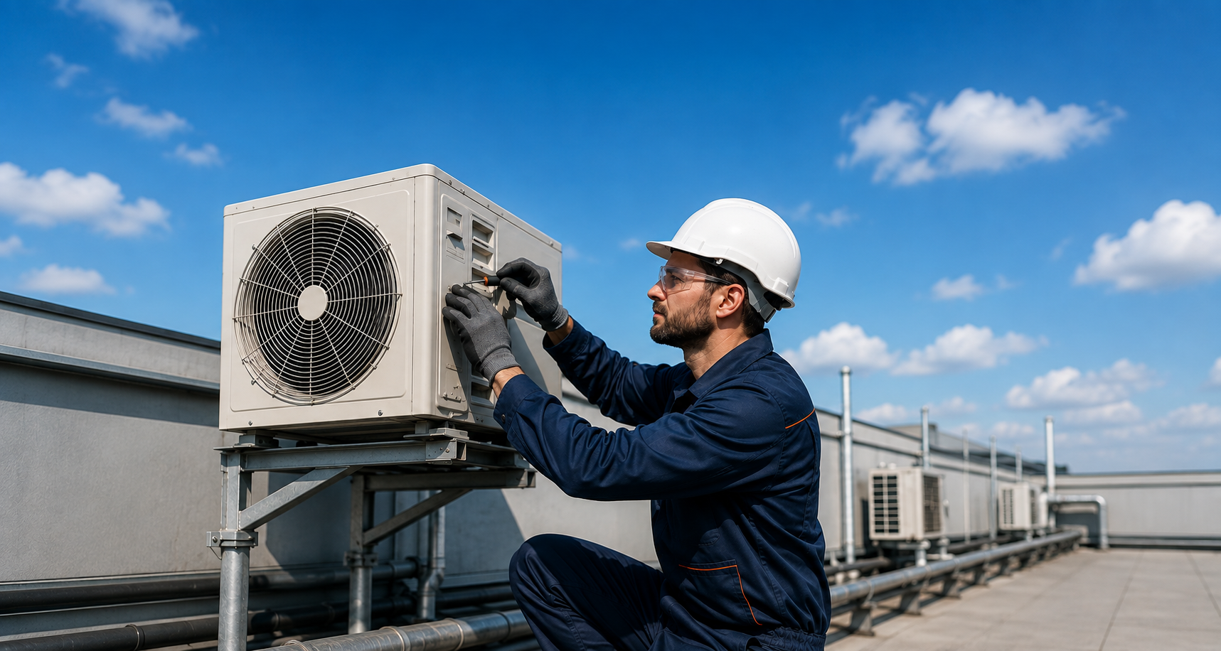 Technician repairing an outdoor HVAC unit on a rooftop